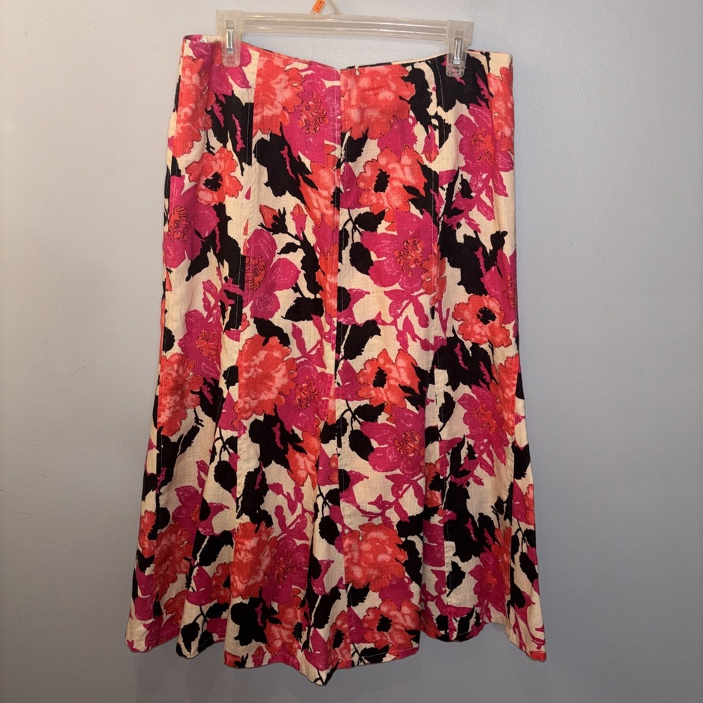 Kim Rogers Pink Vibrant Floral Linen Flare Midi Skirt Women's 12 Career Artsy